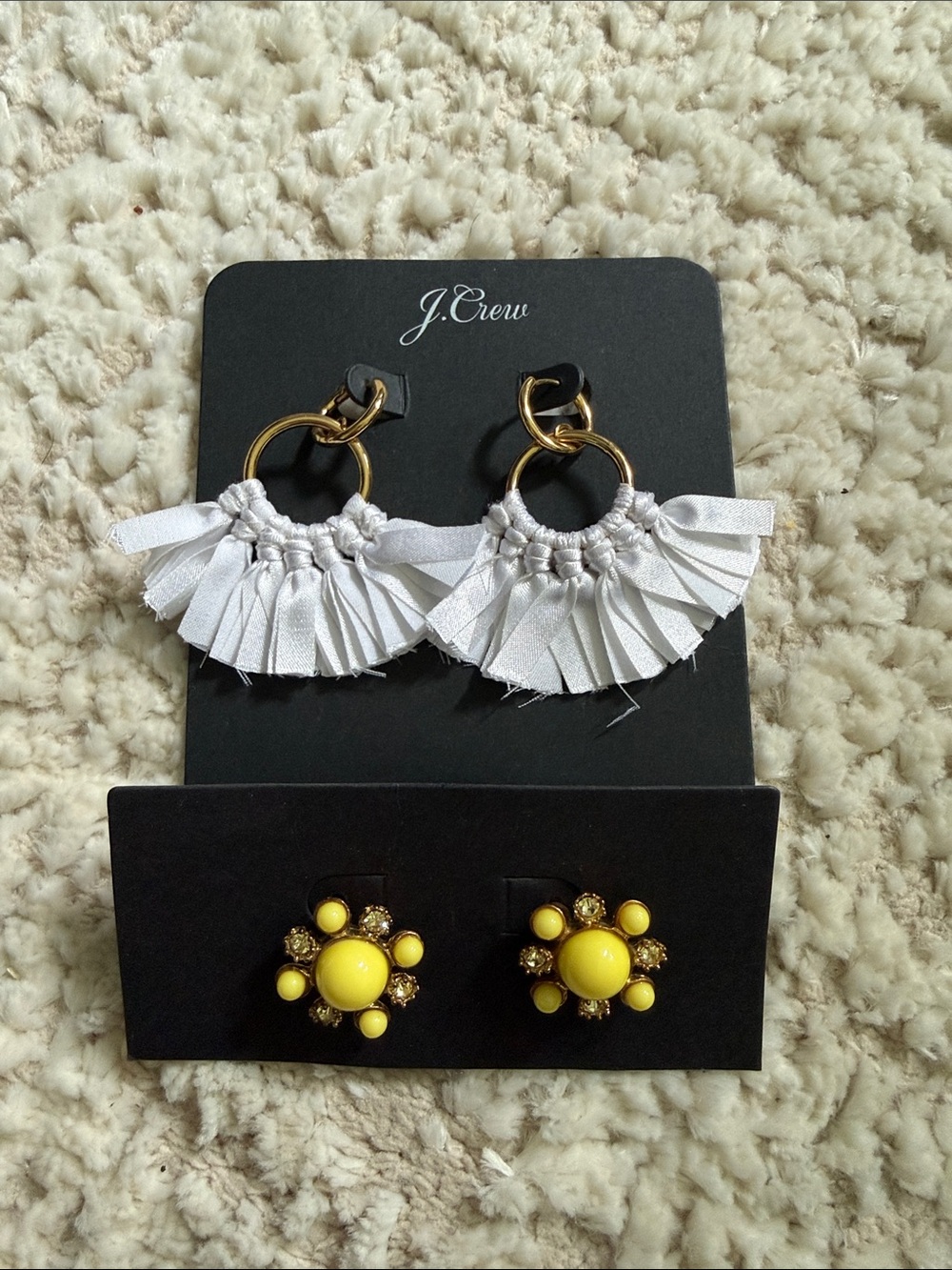 J. Crew White Fringe Hoop Earrings with Yellow Floral Studs - Two-Pair Set